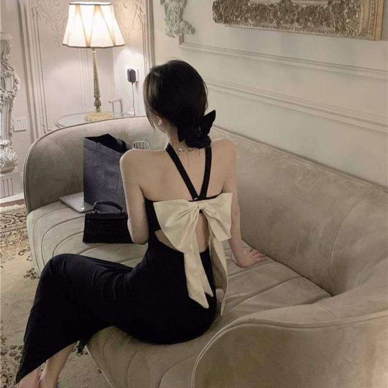 Đầm Hai Dây Hở Lưng Phong Cách Pháp Sang Trọng Cao Cấp Màu Đen Cho Nữ