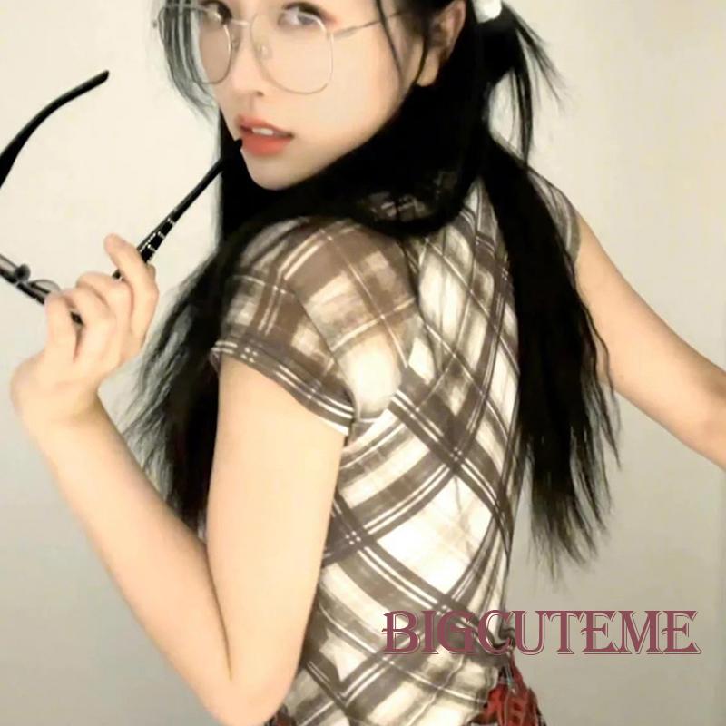 Áo Thun Ngắn Tay Cổ Vuông Buộc Dây Họa Tiết Sọc Caro Thời Trang Mùa Hè Cho Nữ