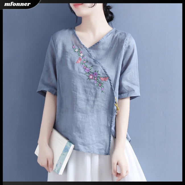 Áo Thun Cotton Lanh Tay Ngắn Dáng Rộng Thêu Hoa Kiểu Retro Thời Trang Mùa Hè Cho Bạn Gái