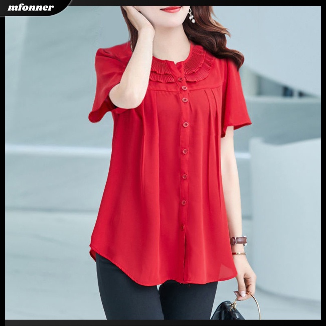 Áo Sơ Mi Chiffon Tay Ngắn Dáng Rộng Màu Sắc Đơn Giản Thanh Lịch Dành Cho Nữ Có Size Lớn