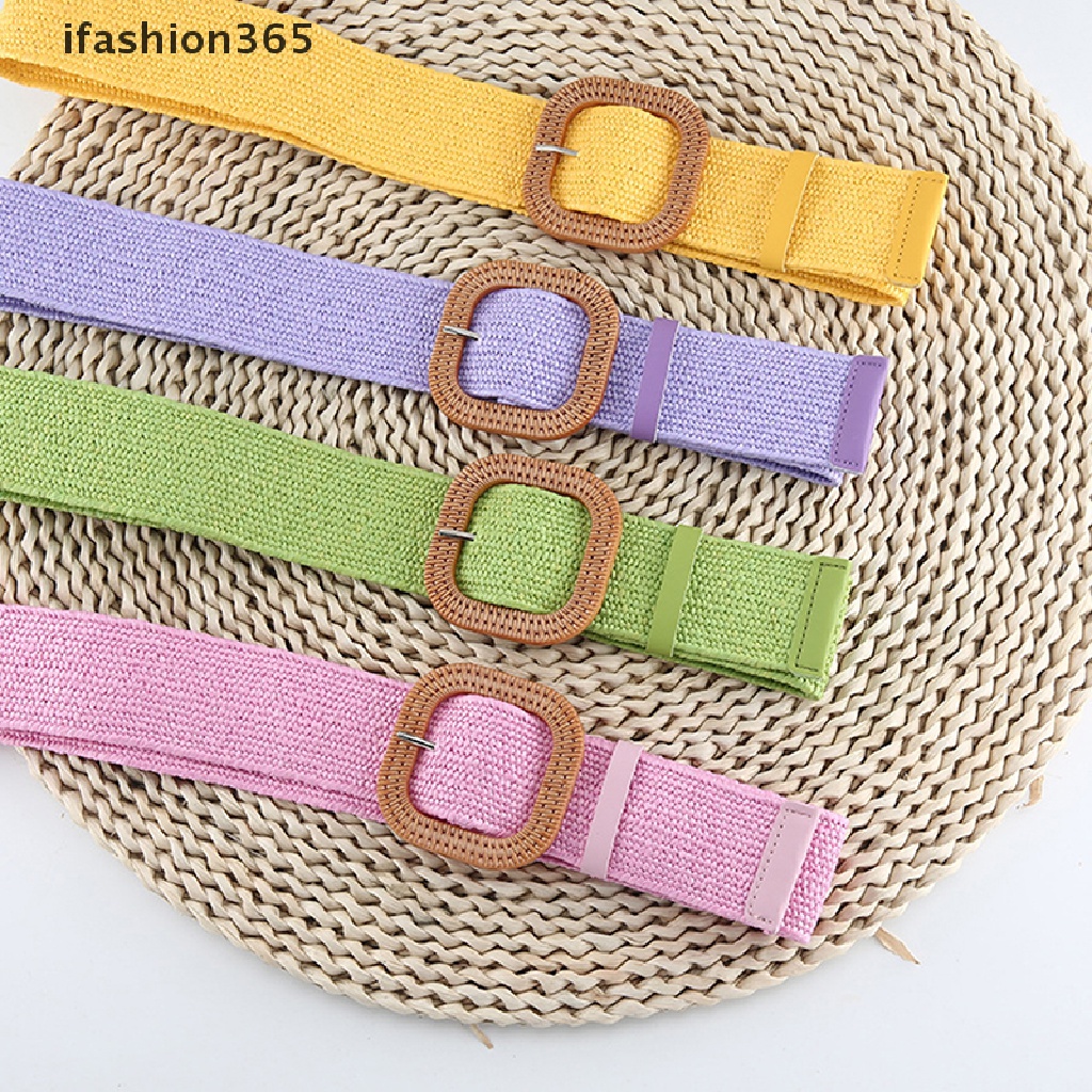 Thắt Lưng Bện Sợi Rơm Bản Rộng Co Giãn Có Khóa Vuông Phong Cách Bohemia Thời Trang ifashion365 Cho Nữ