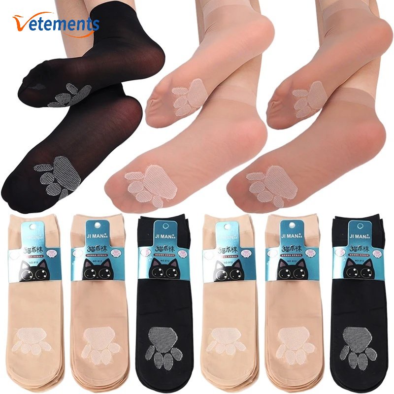 Set 1 / 10 Đôi Vớ Cổ Thấp Chống Trượt Thoáng Khí In Họa Tiết Chân Mèo Hoạt Hình Cho Nữ
