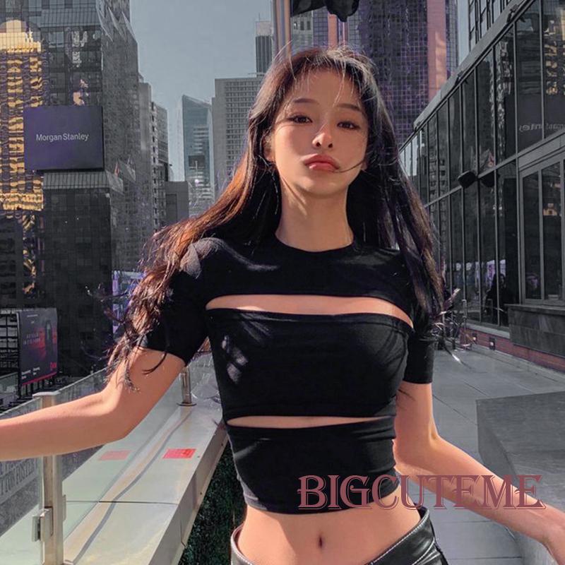 Áo Thun Crop Top Tay Ngắn Cổ Tròn Màu Đen Trơn Thời Trang Mùa Hè Cho Nữ