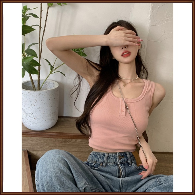 Áo Croptop Dệt Kim Không Tay Cổ Chữ U Màu Sắc Đơn Giản Cho Nữ