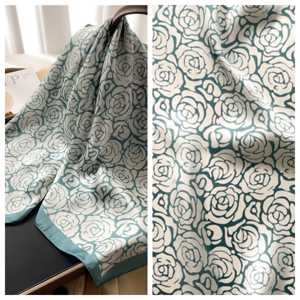 Khăn Choàng Cổ Hình Vuông 70x70CM Bằng Lụa In Họa Tiết Hoa Trà Xanh Đơn Giản Thanh Lịch