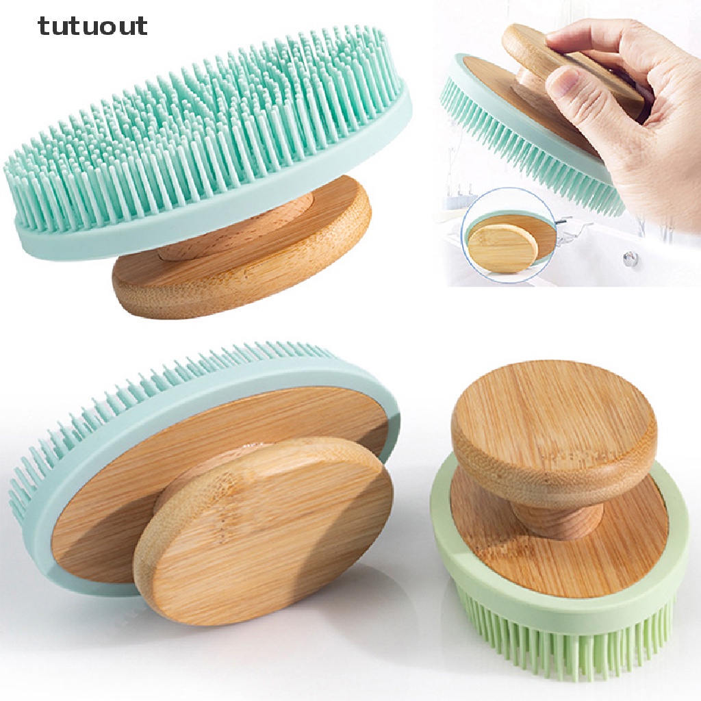 Bàn Chải Tắm Bằng Silicon Với Tay Cầm Bằng Tre Tiện Dụng