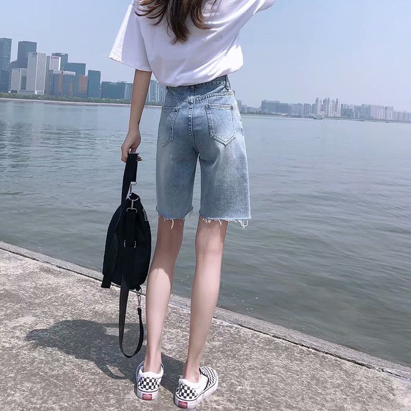 IELGY    Quần Short denim Rách Lưng Cao Dáng Chữ a Thời Trang Cho Nữ