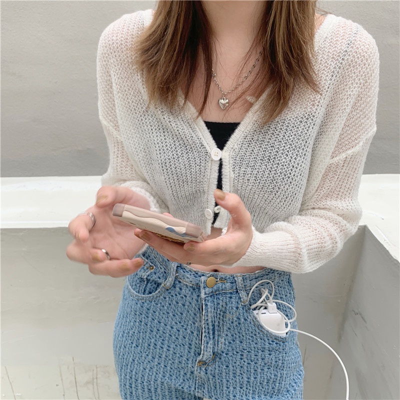 IELGY    Áo Khoác cardigan Dệt Kim Màu Sắc Trơn Phong Cách Pháp Cổ Điển Thời Trang Chống Nắng Cho Nữ