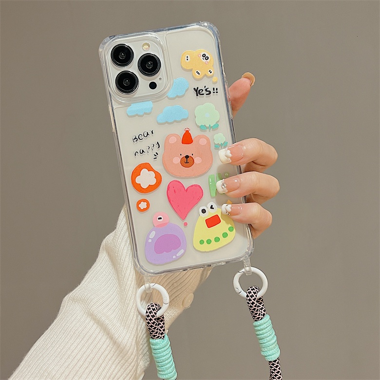 Ốp Điện Thoại Tpu Dẻo Trong Suốt Họa Tiết Hoạt Hình Đơn Giản Chống Sốc Kèm Dây Đeo Cho iphone 12 14 13 11 Pro Max