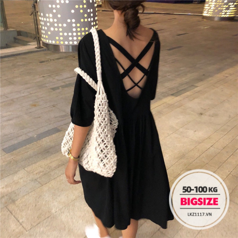 Đầm Bigsize Váy nữ dáng suông tay ngắn cổ chữ v hở lưng mùa hè Phong cách Hàn Quốc Thời Trang tiểu thư cá tính xinh đẹp cho người mập béo
