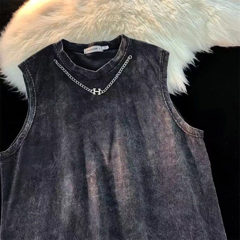 [F &amp; X] Áo Thun Cotton Trơn Không Tay Dáng Rộng Rách Phối Dây Xích Phong Cách Retro Mỹ Cho Nam