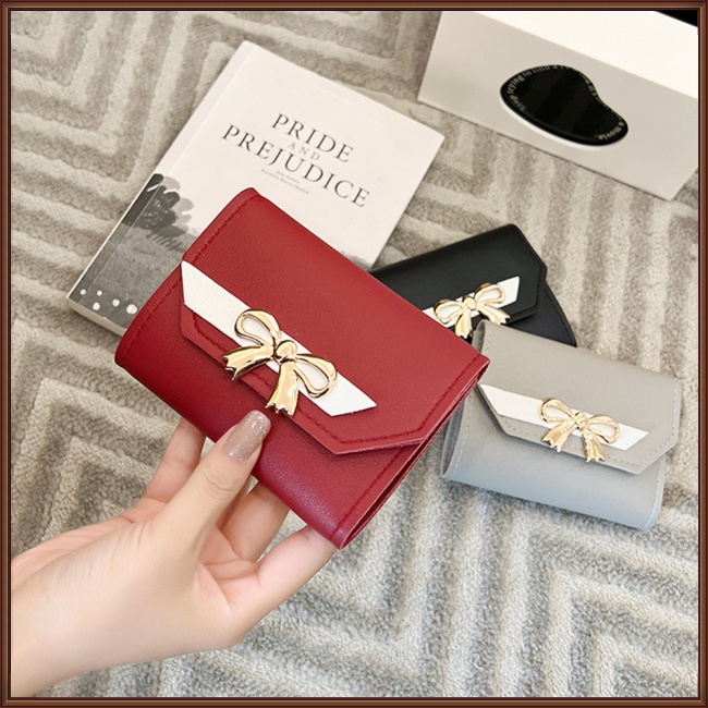 Ví Da Pu Đựng Thẻ / Tiền Xu Phối Màu Tương Phản Đính Nơ Xinh Xắn Cho Nữ