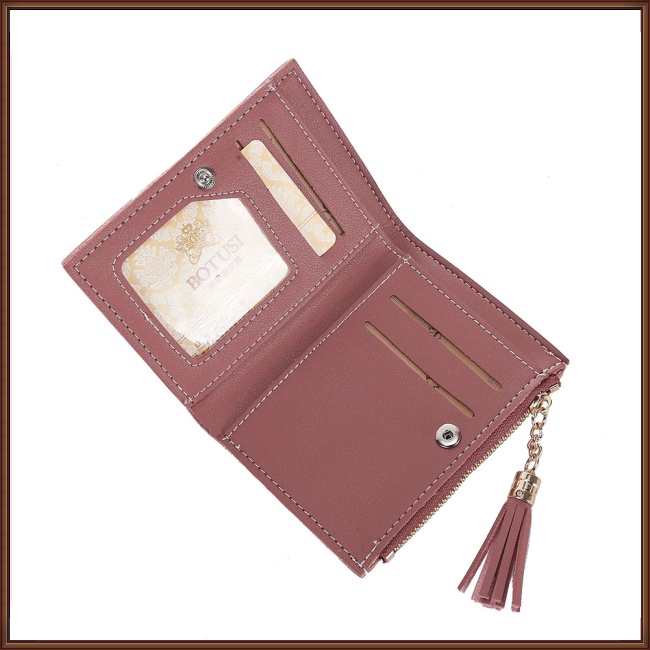 Ví Ngắn Dạng Gập Có Nhiều Ngăn Đựng Thẻ Màu Trơn Đính Tua Rua Và Khóa Kéo Thời Trang Cho Nữ