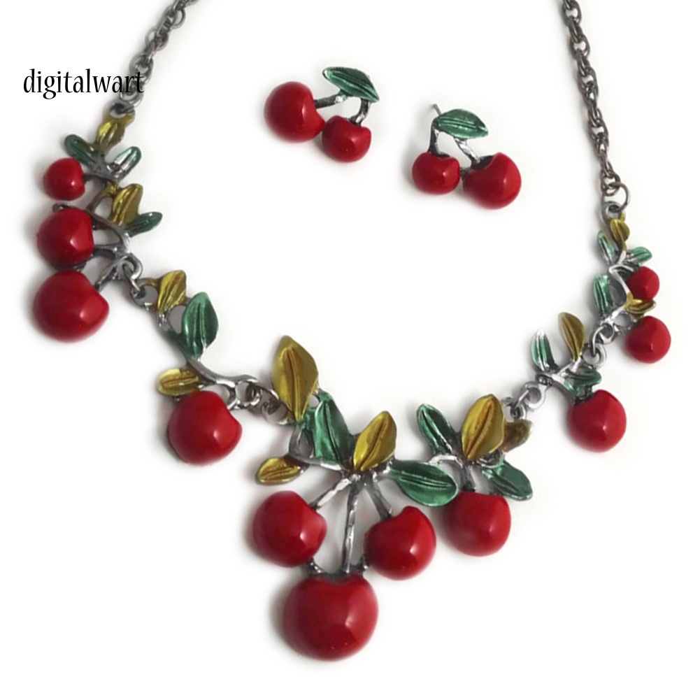 Kỹ Thuật Số| Bộ Vòng cổ + Bông Tai Hình Quả Cherry Đỏ Thời Trang Cho Nữ