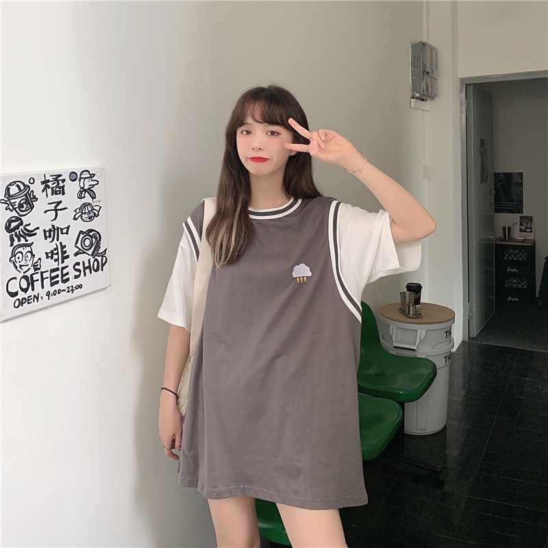 Áo Thun Ngắn Tay plus size Giả Hai Lớp Phong Cách Hàn Quốc Dành Cho Nữ