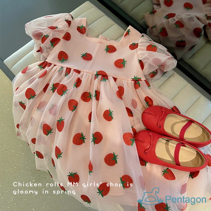 Đầm Công Chúa Mùa Hè In Họa Tiết Dâu Tây Dễ Thương Phong Cách Hàn Quốc Cho Bé Gái