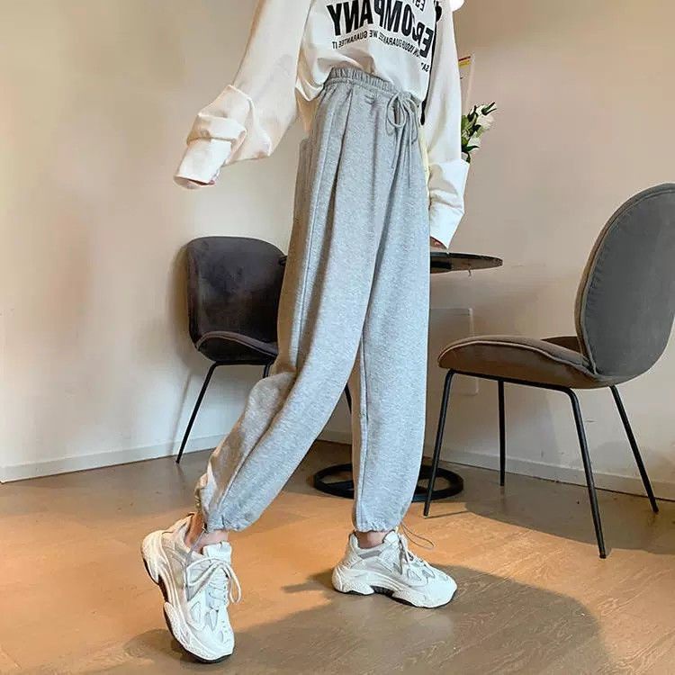 Quần Dài Thể Thao Ống Túm Dáng Rộng Màu Xám Phối Dây Rút Phong Cách Hàn Quốc Thời Trang Mùa Hè Cho Nữ