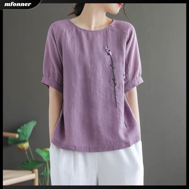 Áo Kiểu Tay Ngắn Chất Liệu Cotton Lanh Thêu Họa Tiết Hoa Phong Cách Cổ Điển Cho Nữ