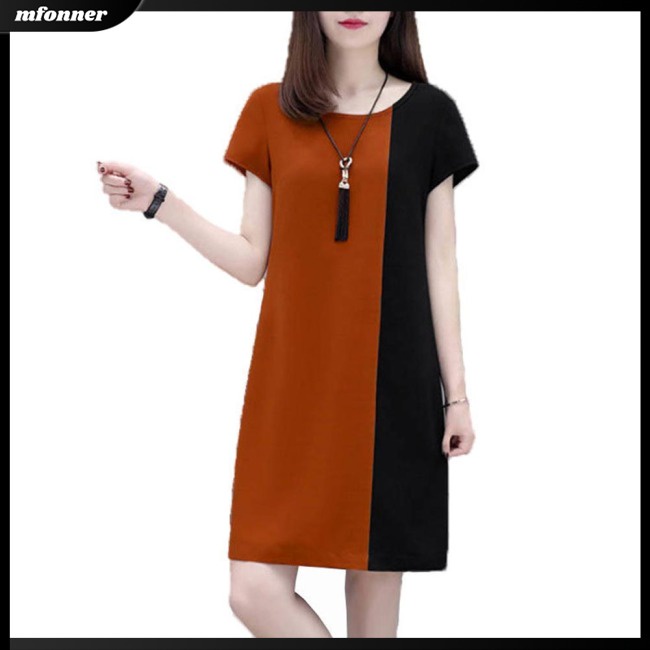 Đầm Dáng Chữ A Tay Ngắn Cổ Tròn Màu Sắc Tương Phản Thời Trang Cho Nữ