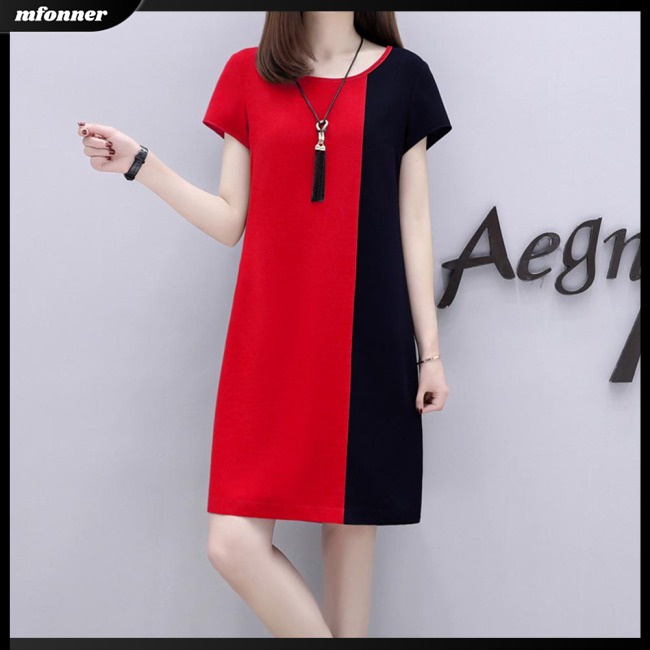 Đầm Dáng Chữ A Tay Ngắn Cổ Tròn Màu Sắc Tương Phản Thời Trang Cho Nữ