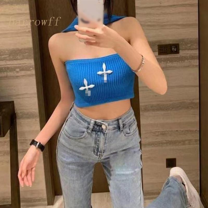 Brroa Áo Ống Croptop Dệt Kim Hở Vai Có Gân Hở Vai In Họa Tiết Chéo Quyến Rũ Cho Nữ