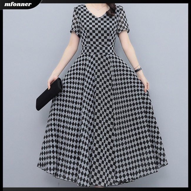 Đầm Midi Tay Ngắn Cổ Chữ V Họa Tiết Caro Thời Trang Mùa Hè Cho Nữ