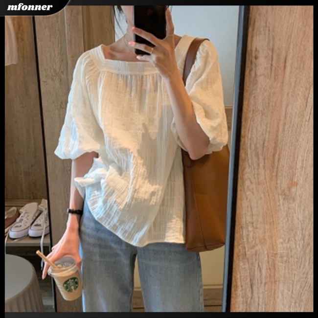 Áo Sơ Mi Tay Ngắn Phồng Cổ Vuông Màu Sắc Trơn Phong Cách Hàn Quốc Dành Cho Nữ