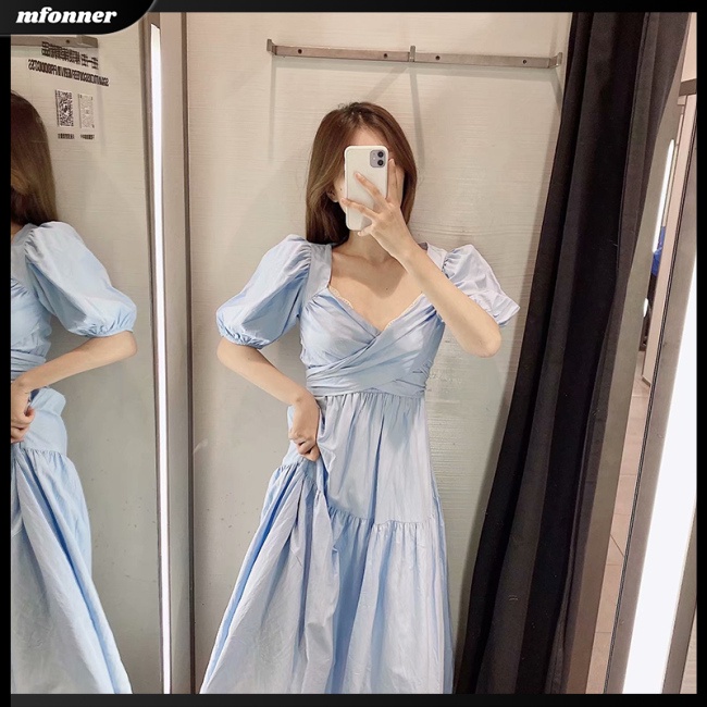 Đầm Dài Tay Ngắn Phồng Cổ Chữ V Màu Trơn Thanh Lịch Thời Trang Mùa Hè Dành Cho Nữ