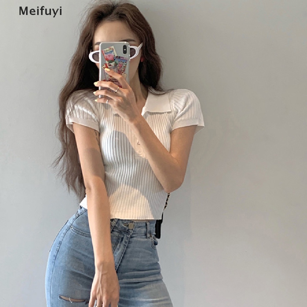 Áo Thun Crop Top Dệt Kim Mỏng Mùa Hè Tay Cộc Cài Nút Màu Trơn Cho Nữ