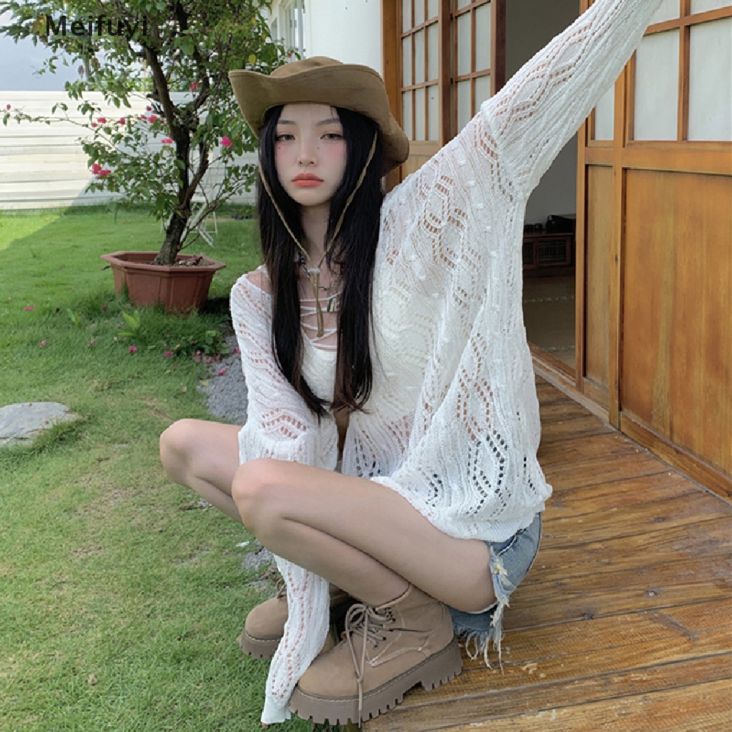 [Meifuyi] Áo Dệt Kim Tay Dài Dáng Rộng Thoáng Khí Chống Nắng Mùa Hè Khoét Rỗng Cho Nữ