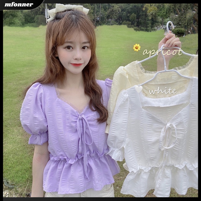 Áo Kiểu Tay Phồng Cổ Chữ V Màu Sắc Ngọt Ngào Nữ Tính