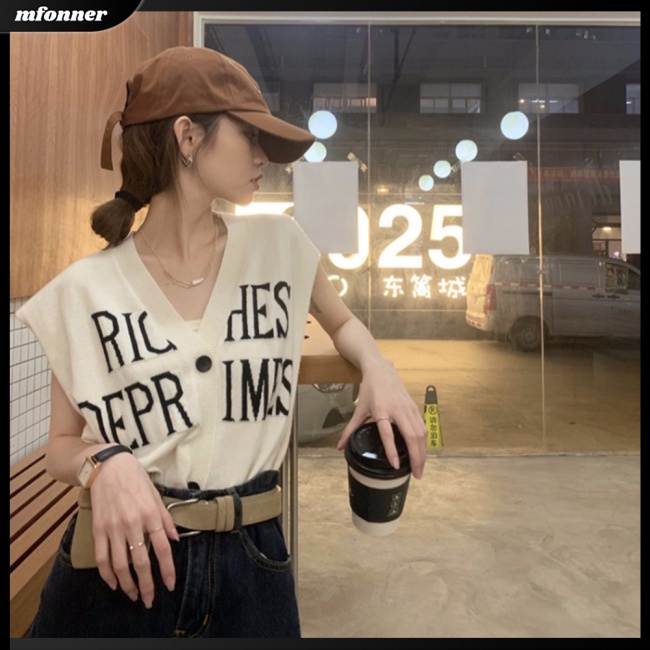 Áo Khoác Cardigan Dệt Kim Dáng Rộng Cổ Chữ V Màu Trơn In Chữ Thời Trang Cho Nữ