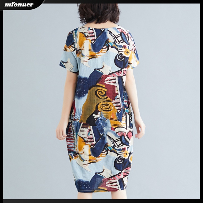 Đầm Midi Tay Ngắn In Họa Tiết Thổ Cẩm Cổ Điển Thời Trang Mùa Hè Xinh Xắn Cho Nữ