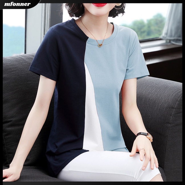 Áo Thun Tay Ngắn Cổ Tròn Dáng Rộng Màu Sắc Tương Phản Thời Trang Mùa Hè Cho Nữ