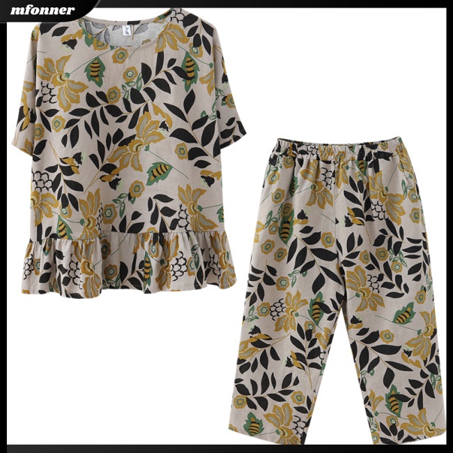 Set Đồ Mùa Hè 2 Món Gồm Áo Thun Tay Cộc + Quần Lửng In Họa Tiết Cho Nữ