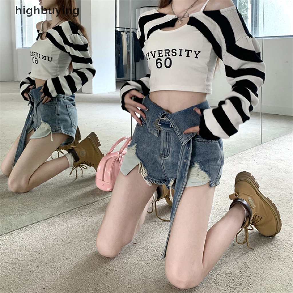 Quần Short Denim Lưng Cao Ống Rộng Phối Rách Kiểu Vintage Cá Tính Cho Nữ