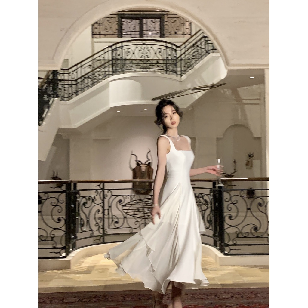Đầm Hai Dây Mùa Hè 2023 Phong Cách Pháp Màu Trắng Thiết Kế Chất Lượng Cao Cho Nữ