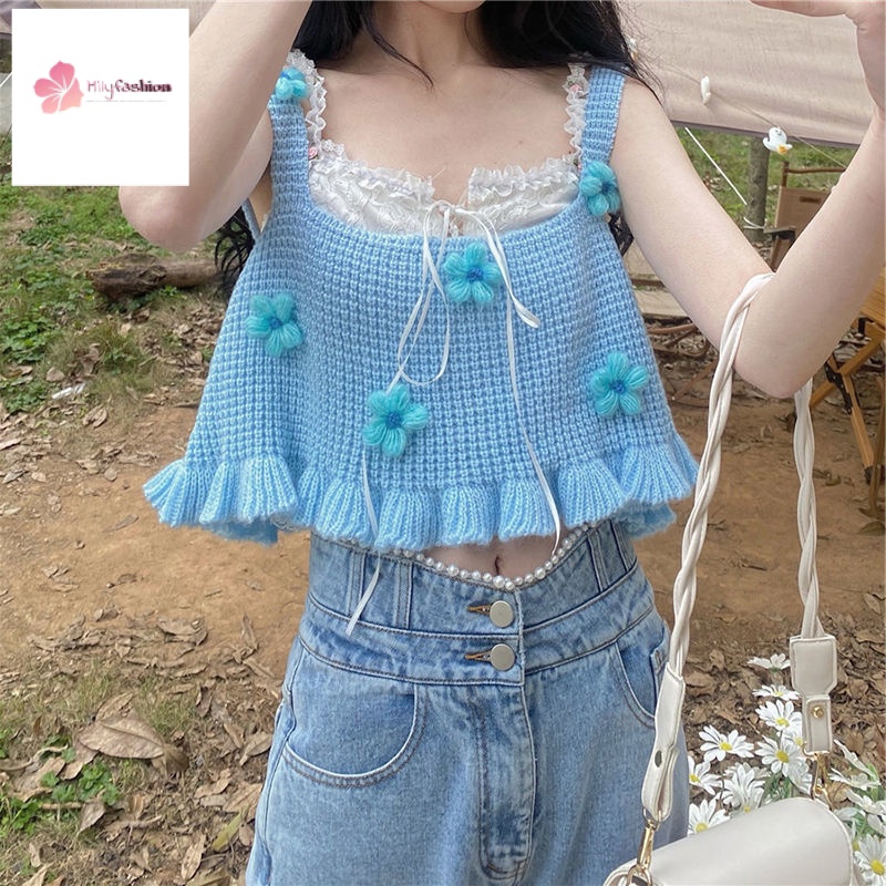 Áo Hai Dây Dệt Kim Họa Tiết Hoa Dễ Thương Phong Cách Nhật Bản Thời Trang Mùa Hè Cho Nữ