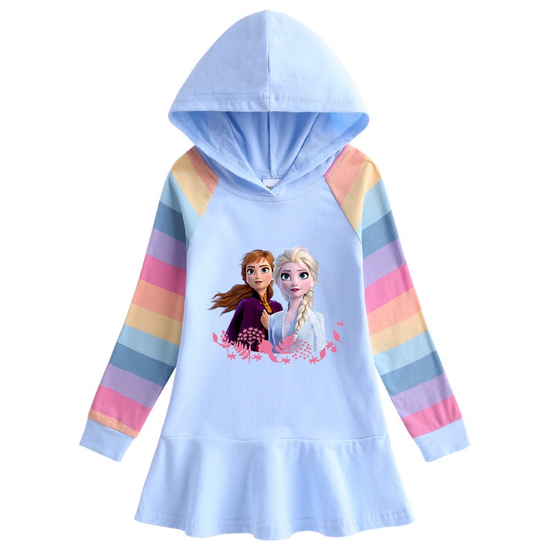 Đầm Hoodie Tay Dài In Hình Elsa Anna Hoạt Hình Dành Cho Bé Gái