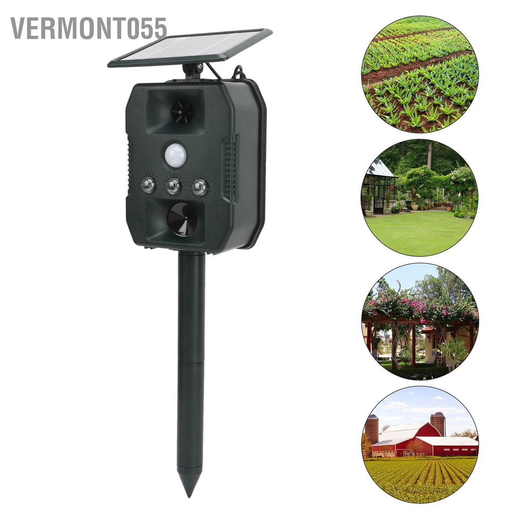 Vermont055 Thiết bị xua đuổi động vật siêu âm năng lượng mặt trời Đèn LED nhấp nháy IP55 ngăn chặn chống nước cho sân vườn trang trại cây ăn trái