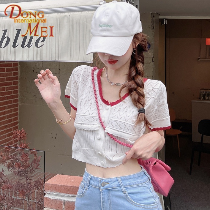 Áo Cardigan Dệt Kim Mỏng Tay Ngắn Cổ Chữ v Lưng Cao Thời Trang Pháp 2023 Phong Cách Hàn Quốc Mới Cho Nữ