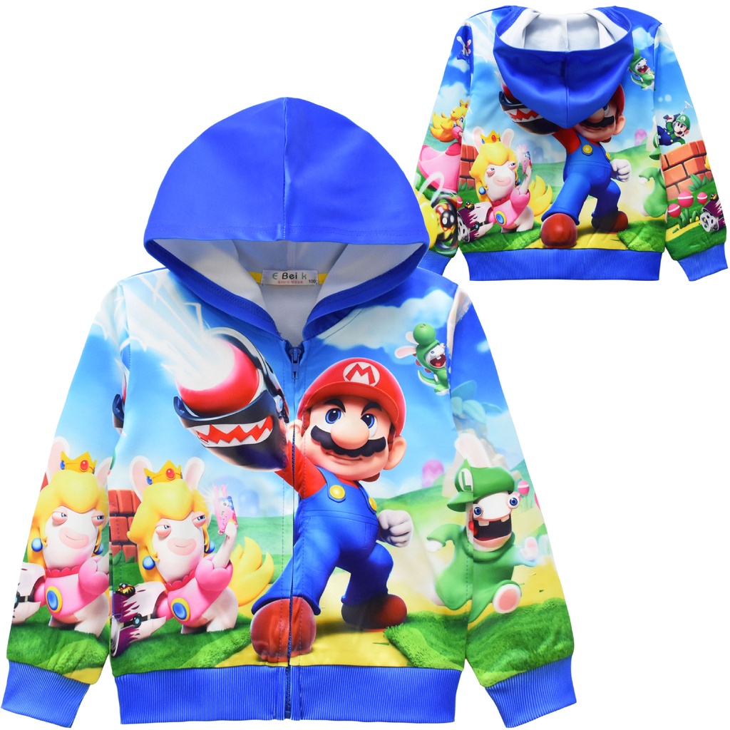 Áo Khoác Khóa Kéo Tay Dài Có Nón In Hình Phim Hoạt Hình Super Mario Bros Dành Cho Trẻ Em