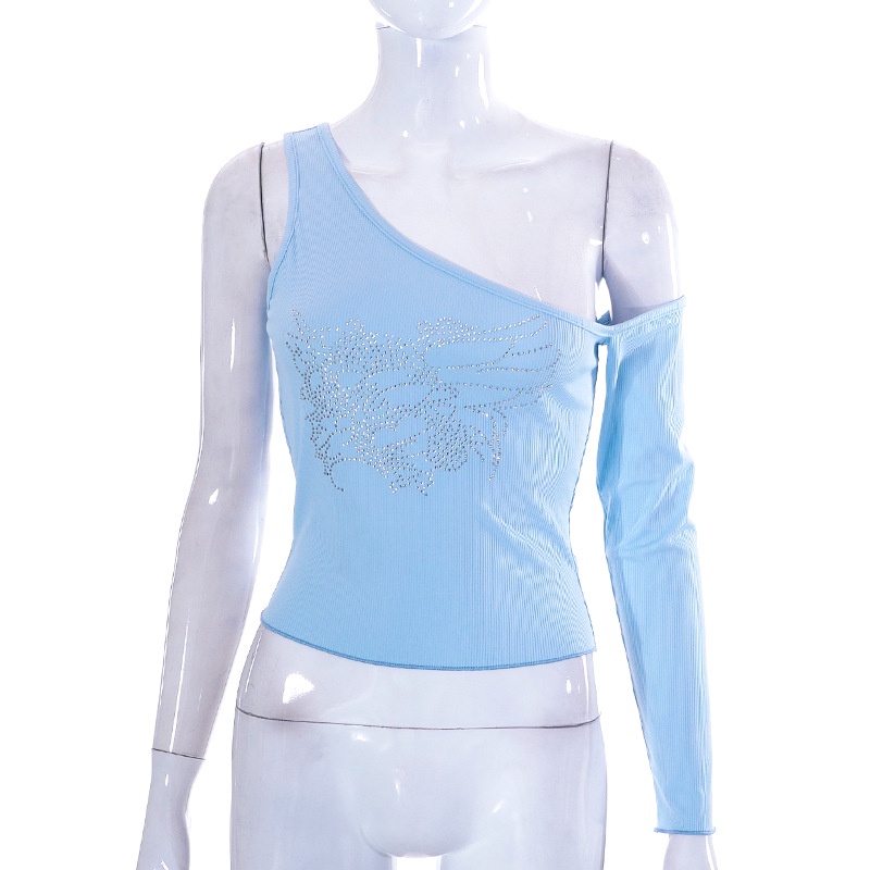 Weania Áo Thun Crop Top Một Vai Đính Đá Lấp Lánh Gợi Cảm Cho Nữ