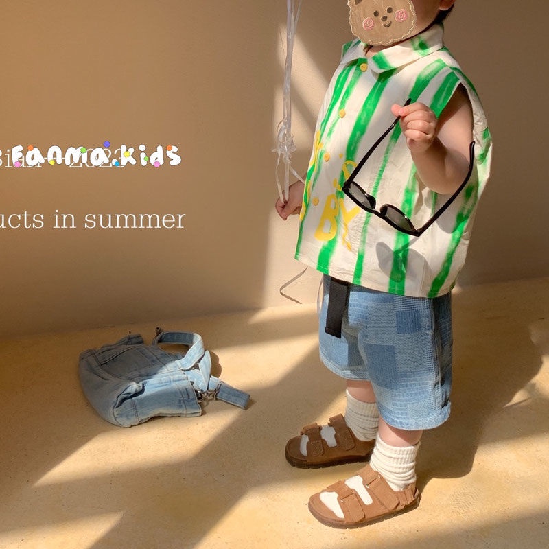 Áo Sơ Mi Cotton Họa Tiết Kẻ Sọc In Chữ Phong Cách Hàn Quốc Thời Trang Mùa Hè Mới Cho Bé Trai