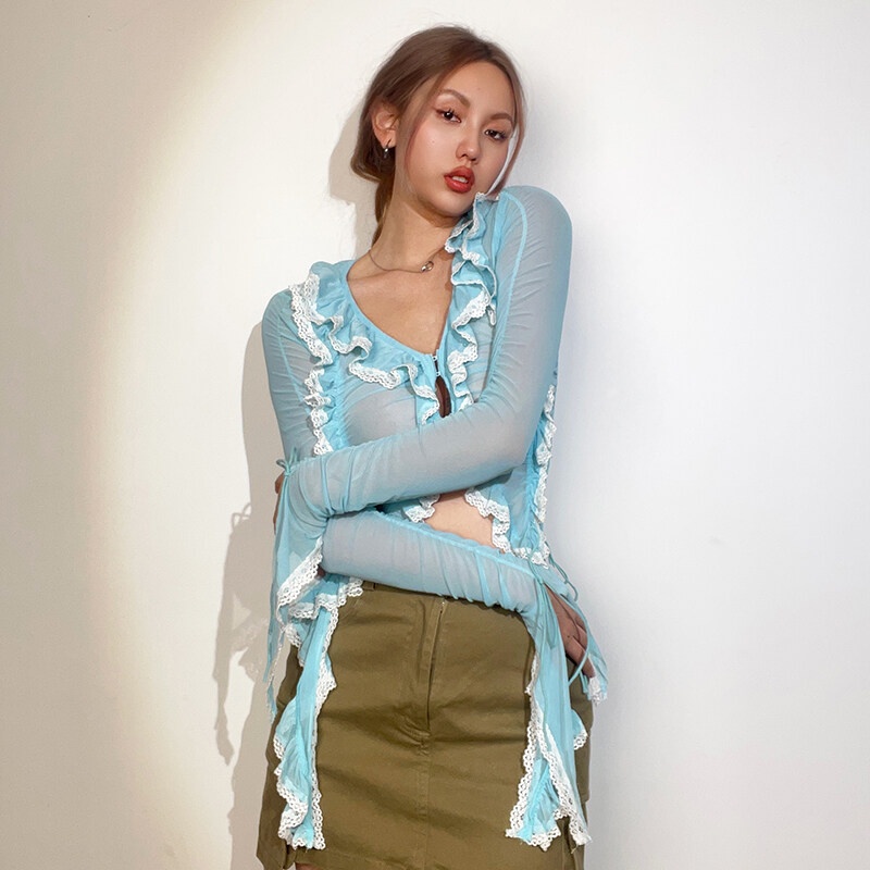 Áo Ren Mỏng Nhẹ Thoáng Khí Màu Xanh Dương Quyến Rũ Thời Trang Mùa Hè Cho Nữ