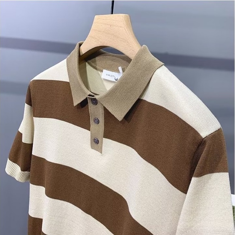 Áo Thun polo Dệt Kim Tay Ngắn Dáng Rộng Họa Tiết Kẻ Sọc Thời Trang Mùa Hè Cho Nam