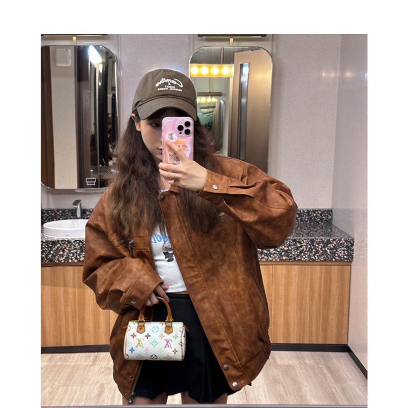 Áo Khoác Bóng Chày Da PU Dáng Ngắn Màu Nâu Cỡ Nhỏ Phong Cách Cổ Điển Thời Trang Xuân Thu Cho Nữ