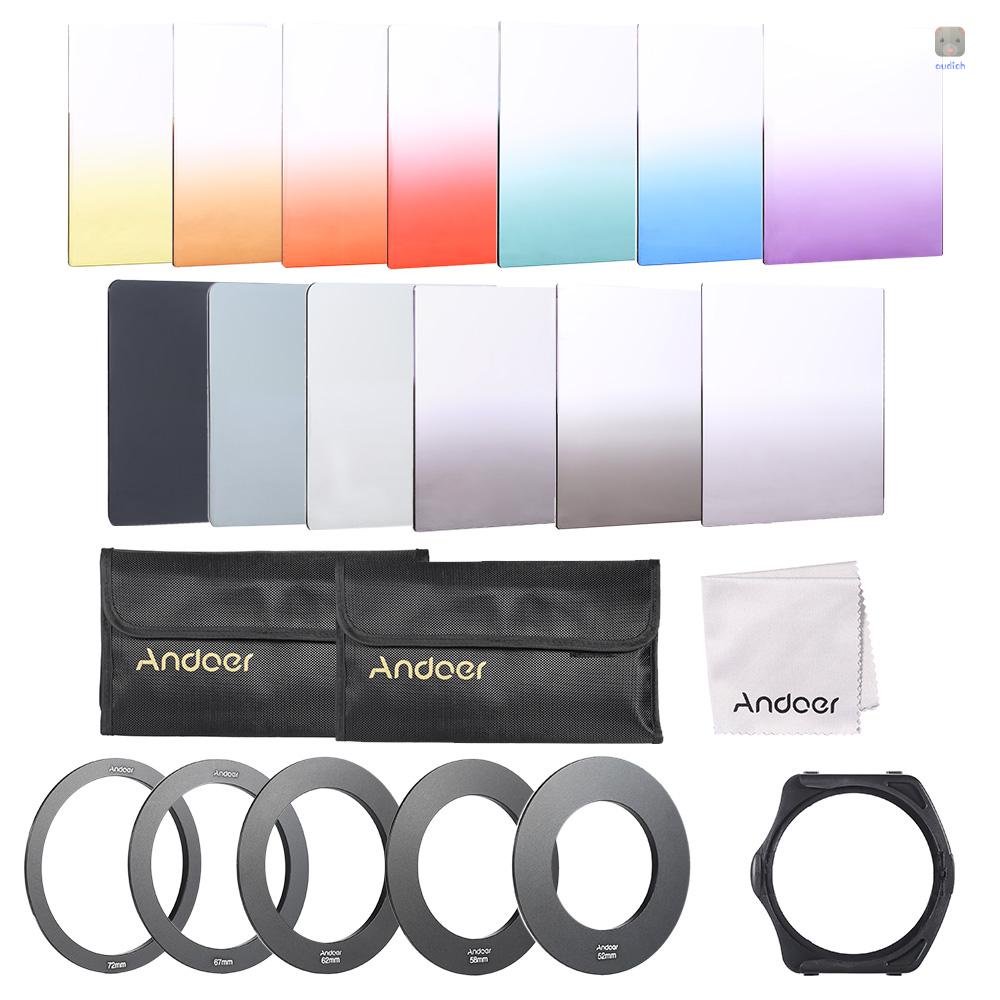 Andoer Set 13 Tấm Lọc Màu Gradient Hình Vuông Kèm Giá Đỡ Và Vòng Nối 52mm / 58mm / 62mm / 67mm / 72mm)