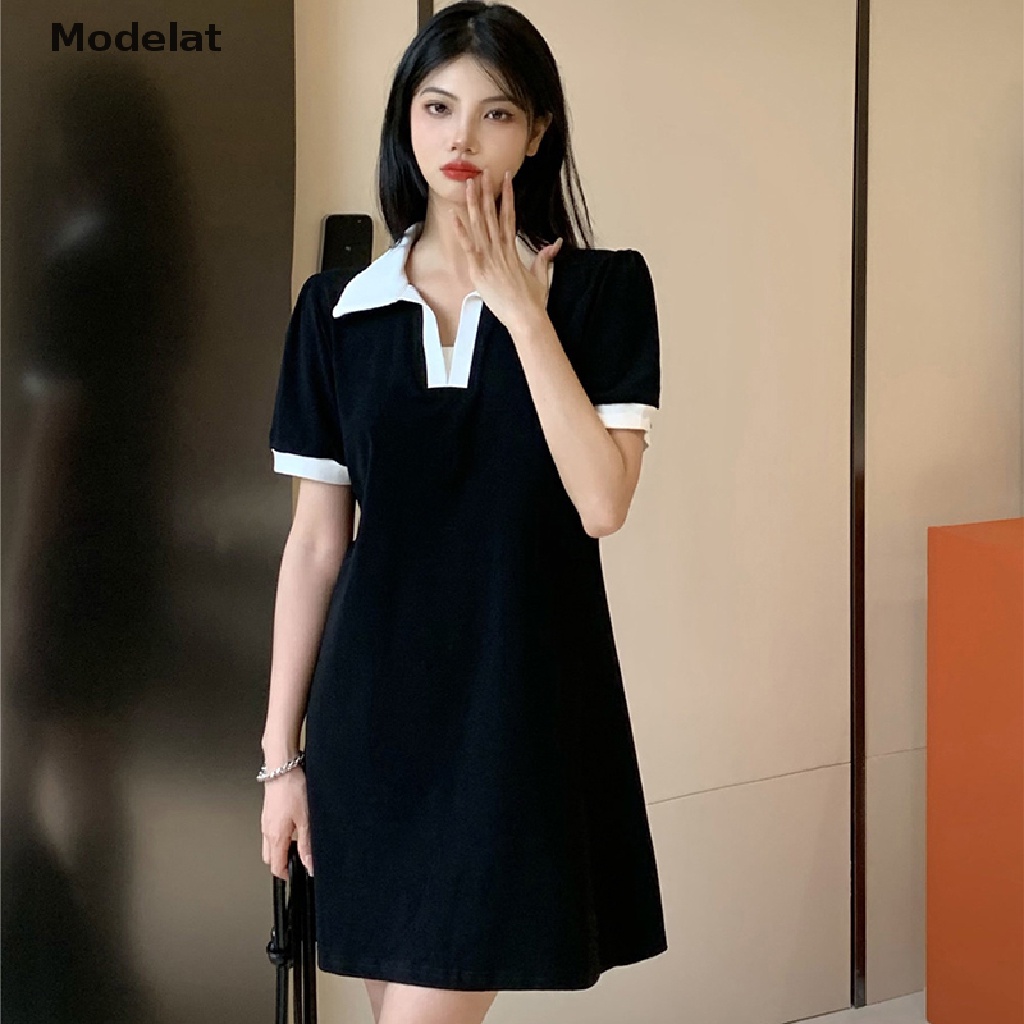 Mfc Đầm Mini Tay Ngắn Cổ Bẻ Màu Tương Phản Thời Trang Dành Cho Nữ