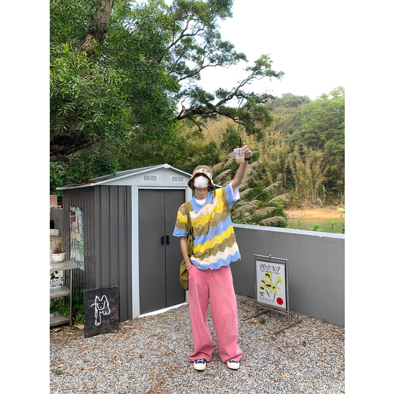 Áo Thun polo Dệt Kim Tay Ngắn Dáng Rộng Họa Tiết Kẻ Sọc Màu Sắc Tương Phản Thời Trang Mùa Hè Cho